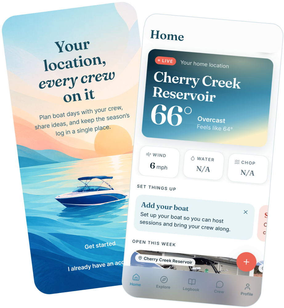 The Boat Days app: a home screen showing live conditions at Cherry Creek Reservoir, and the welcome screen.