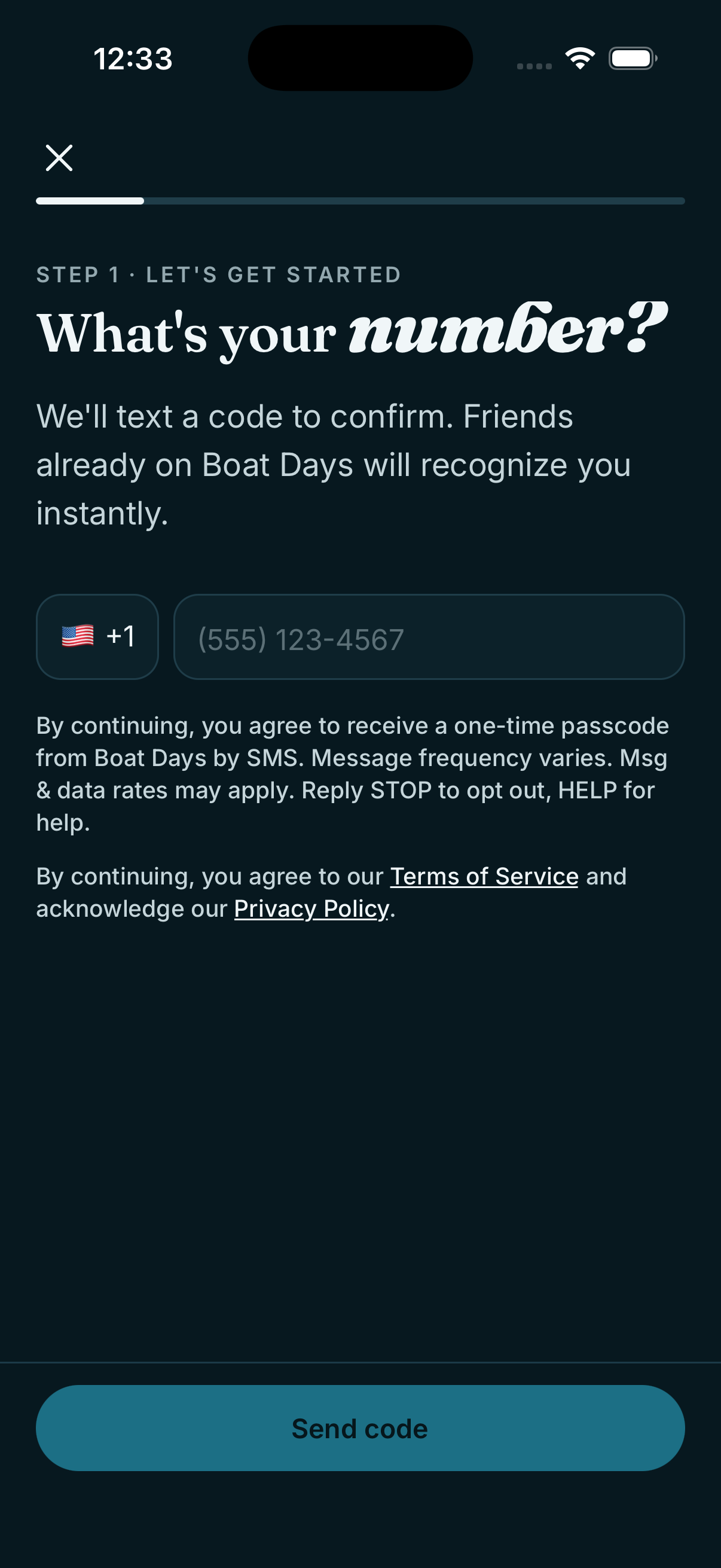 Boat Days sign-in screen asking for a phone number. Below the input it reads: By continuing, you agree to receive a one-time passcode from Boat Days by SMS. Message frequency varies. Msg & data rates may apply. Reply STOP to opt out, HELP for help. By continuing, you agree to our Terms of Service and acknowledge our Privacy Policy.